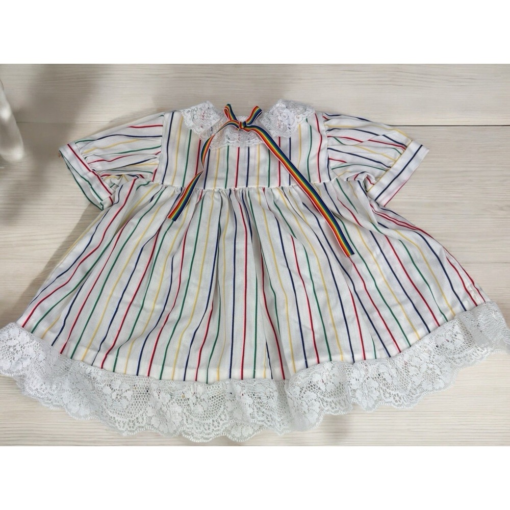 White Striped Doll Dress W/ Diff. Color Stripes & Lace Boarder W/ White Shoes